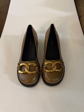 Charles & Keith Olive Brown Leather Flats with Gold Chain